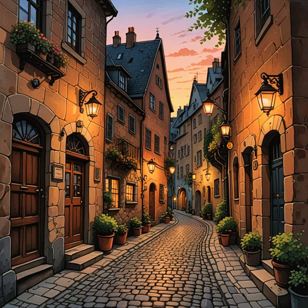 Charming European Alleyway at Dusk