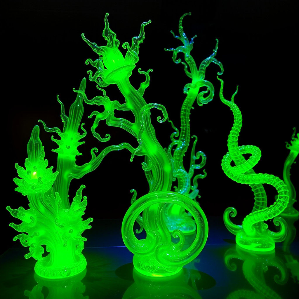 Fascinating glass sculptures made from uranium glass, glowing vibrant green under UV light, intricate and abstract shape...