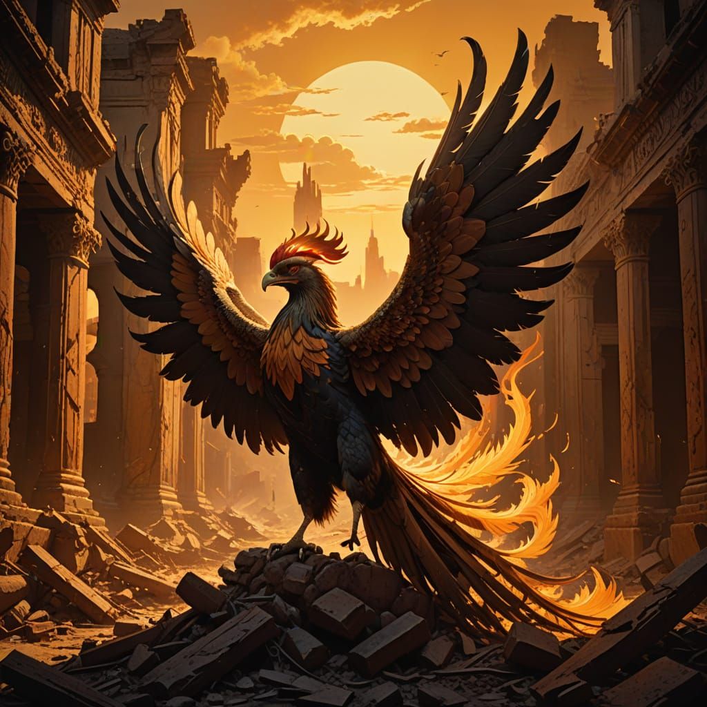 Majestic Phoenix Rises from Ancient Ruins in Golden Light