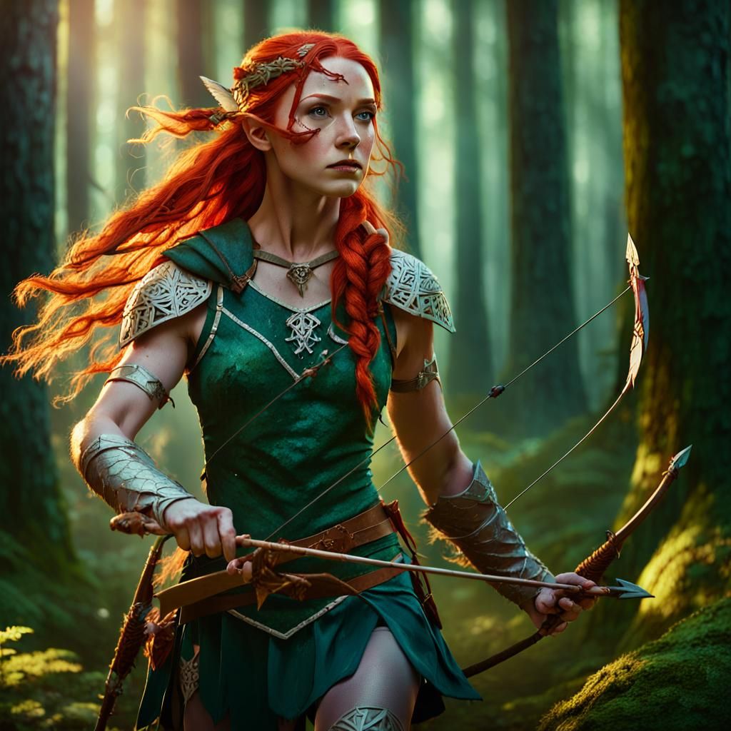 Mystical Half-Elf Ranger in Forest, Fantasy Illustration