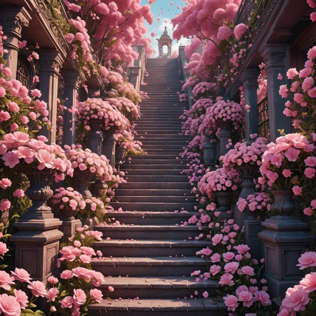 Pink Stairs to Sky with Flowers and Jewels