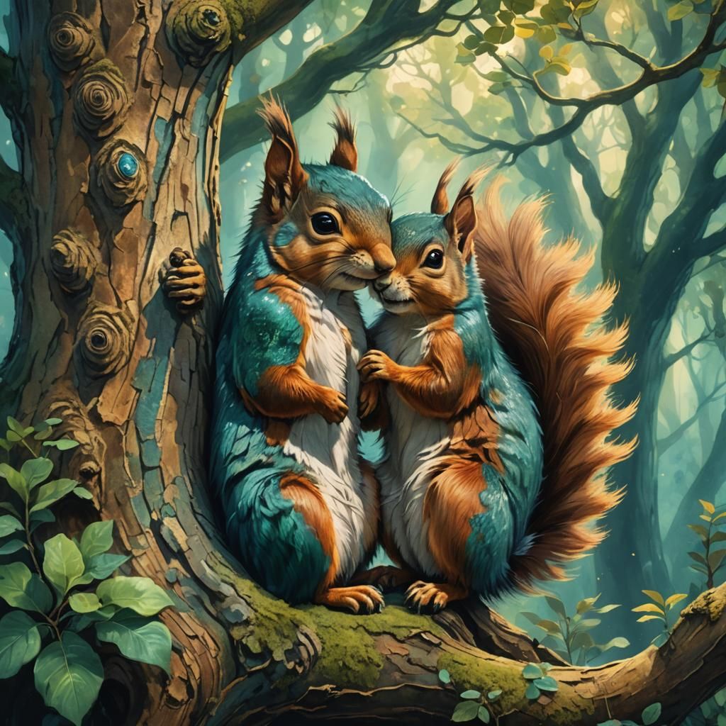 Squirrel Couple Embrace in Enchanted Forest