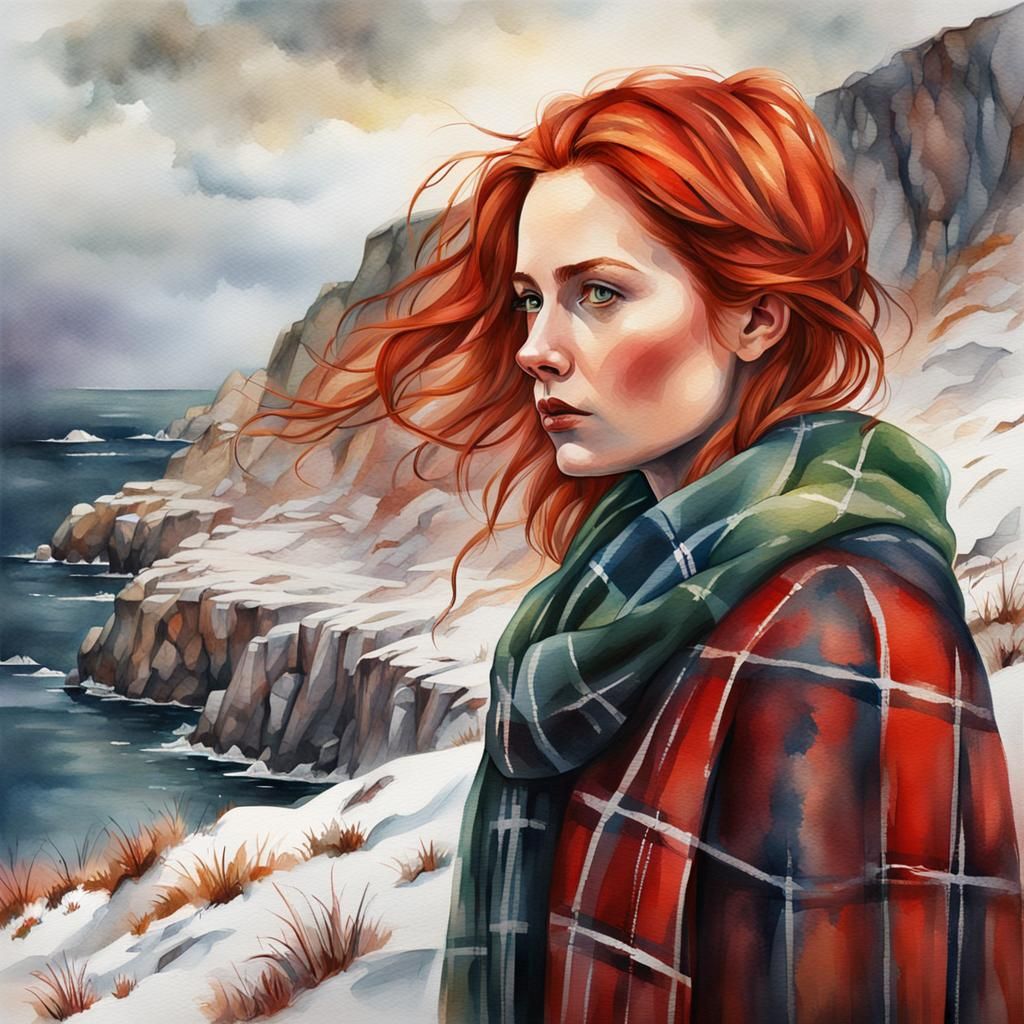 Scottish Woman in Watercolor with Tartan Dress