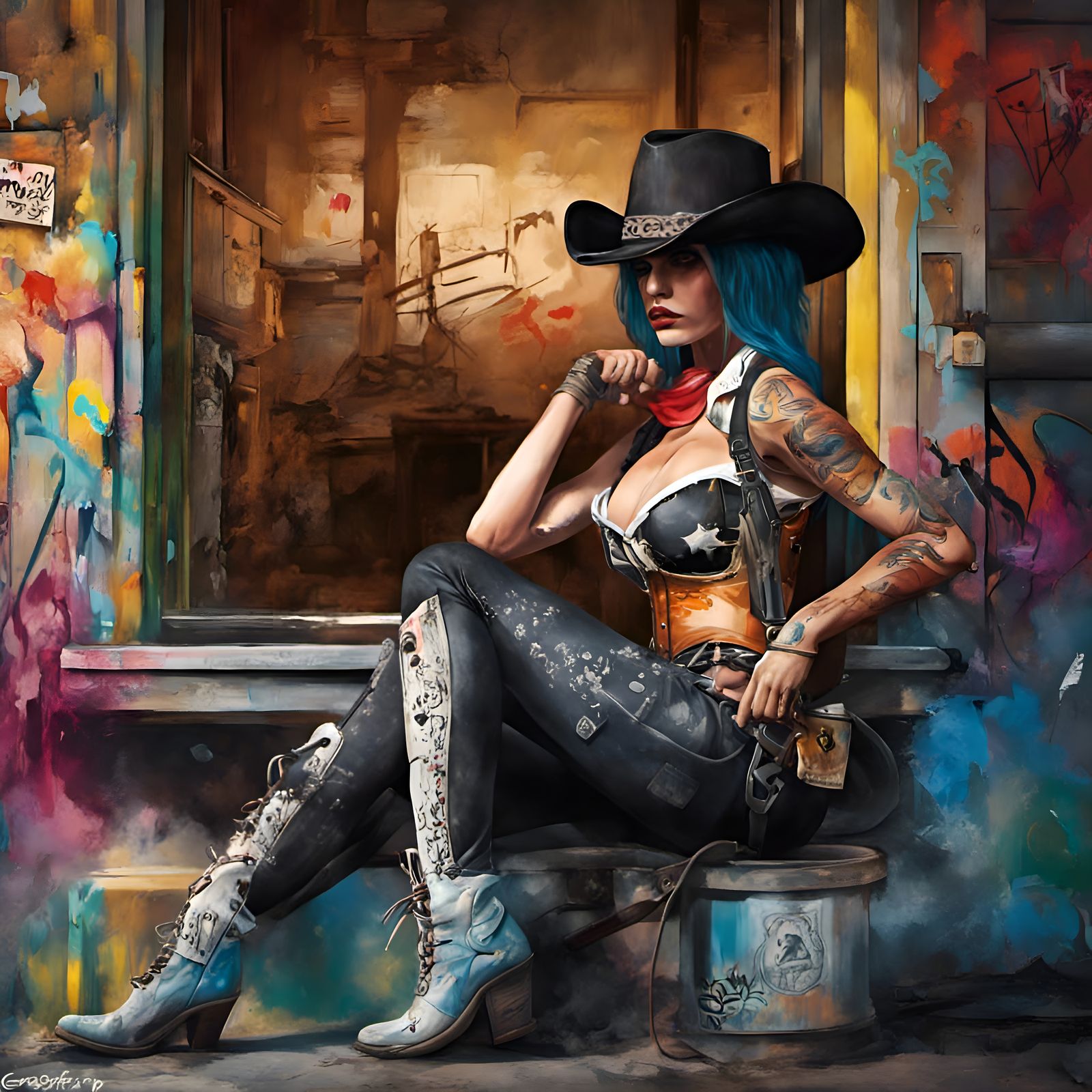 Cowgirl Gunslinger in Graffiti Art Style