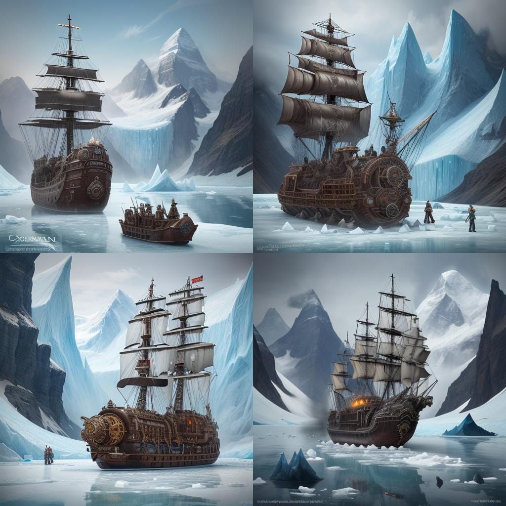 Steampunk Expedition Ship Frozen in Glacier