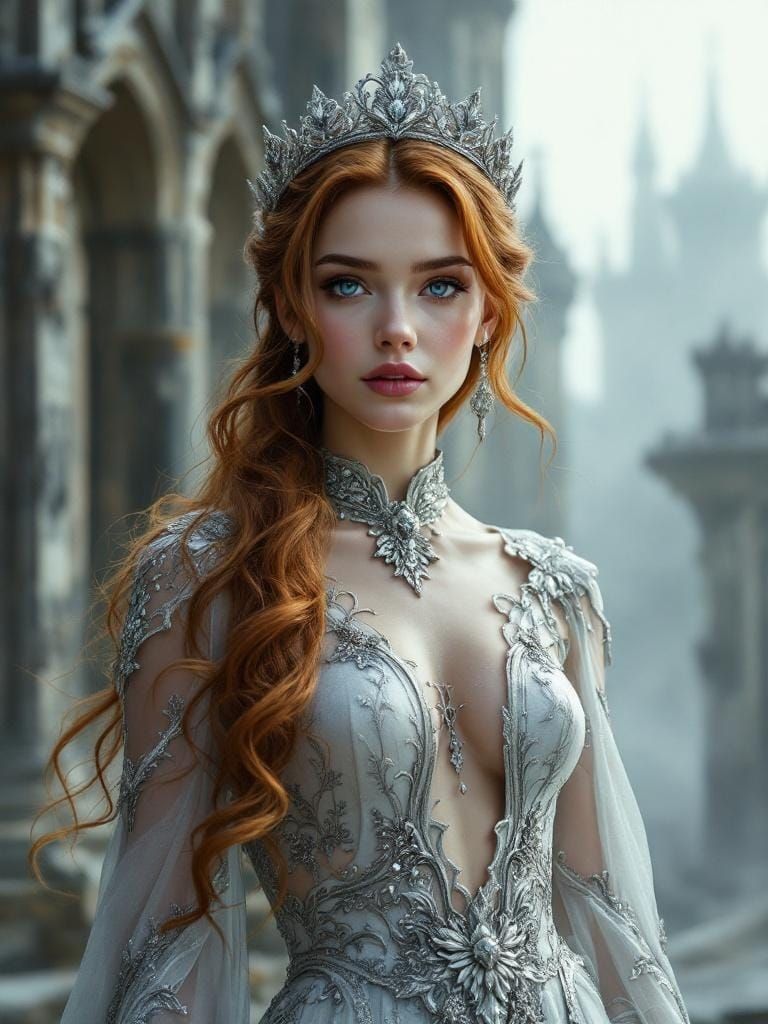 Regal Woman in Silver Gown with Crown