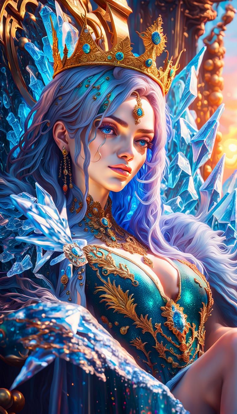 Icy Queen on Throne: Hyper-Realistic Digital Art