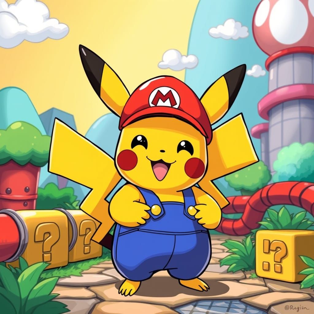 Pikachu as Mario in Vibrant Mushroom Kingdom