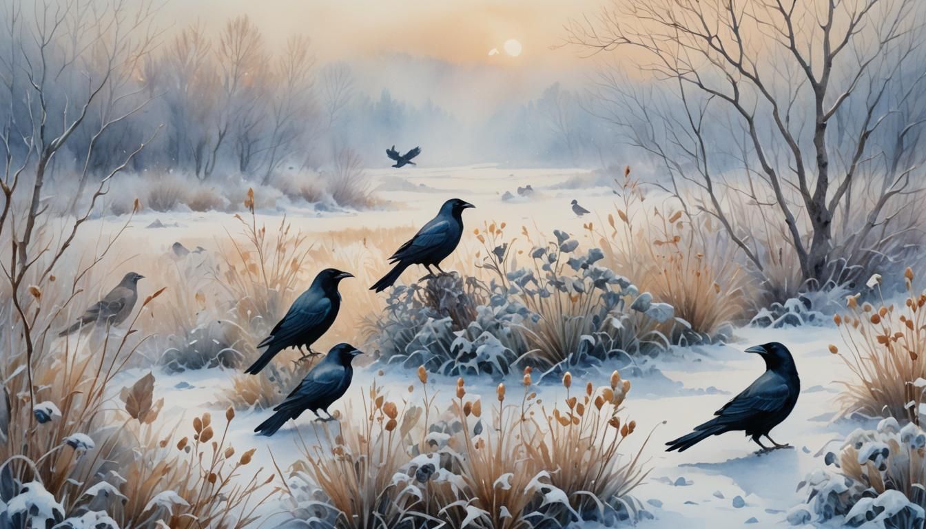 Ravens and Partridge in Snowy Landscape: Watercolor