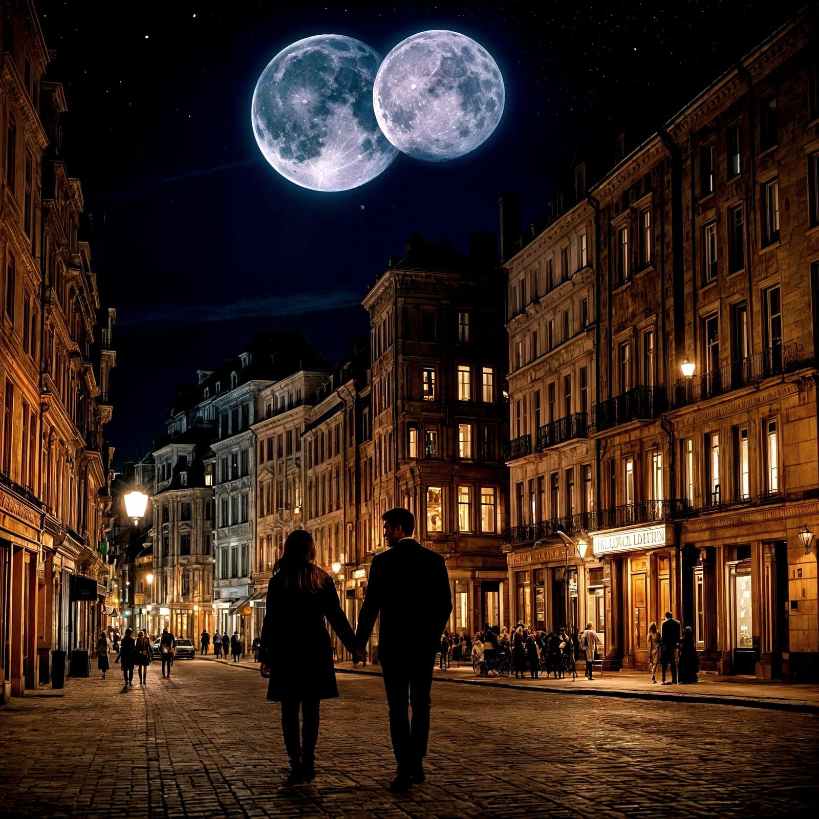 Couple Walking in City Under Full Moon