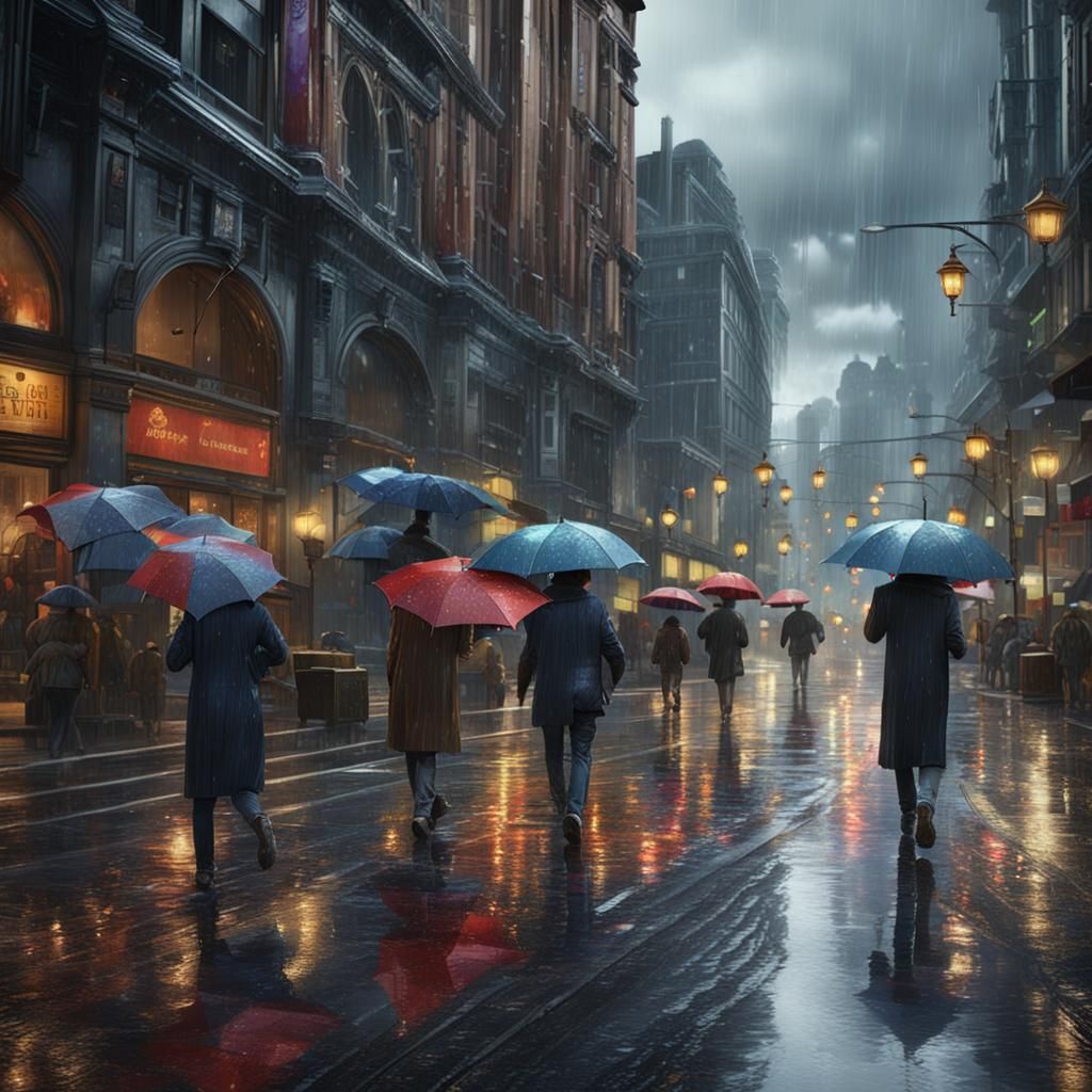 Rainy Downtown Street Scene in Detailed Matte Painting