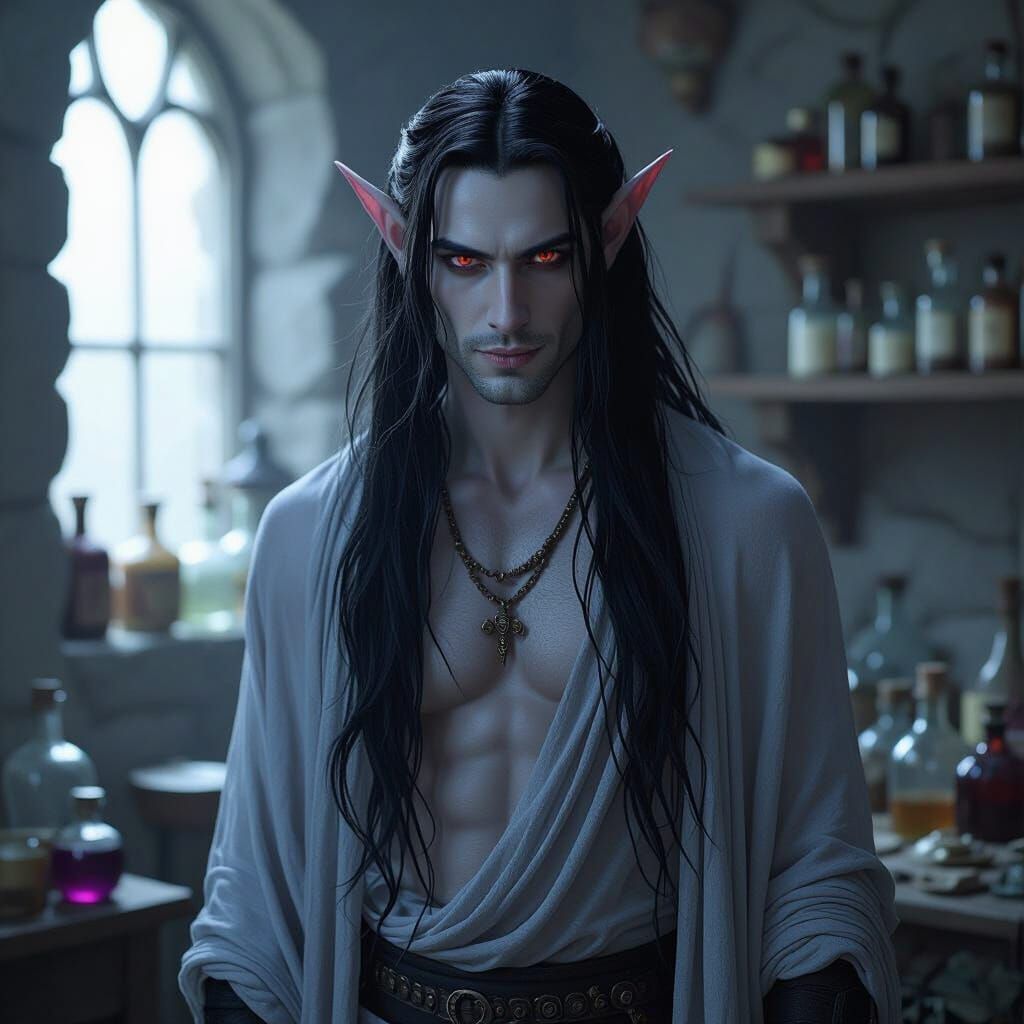 Tiefling in a Magic Shop: Dark Fantasy Film Still