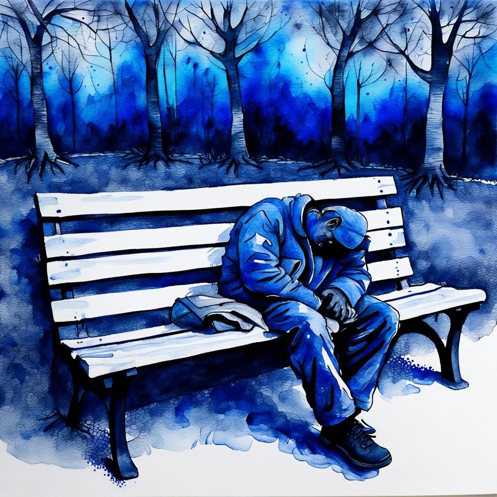Monochrome Watercolor of Sleeper on Park Bench