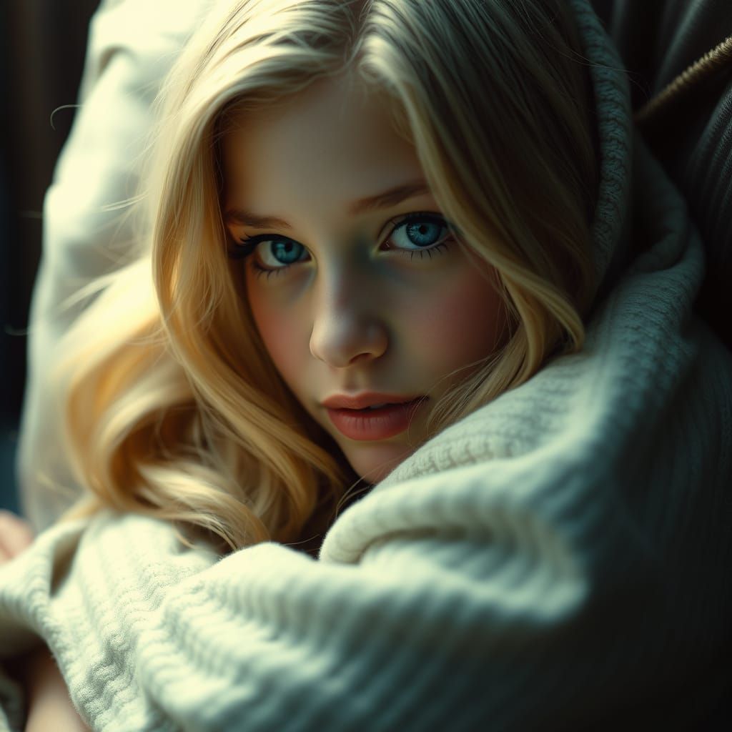 Softly Lit Angel with Wavy Blonde Hair and Blue Eyes in Hype...