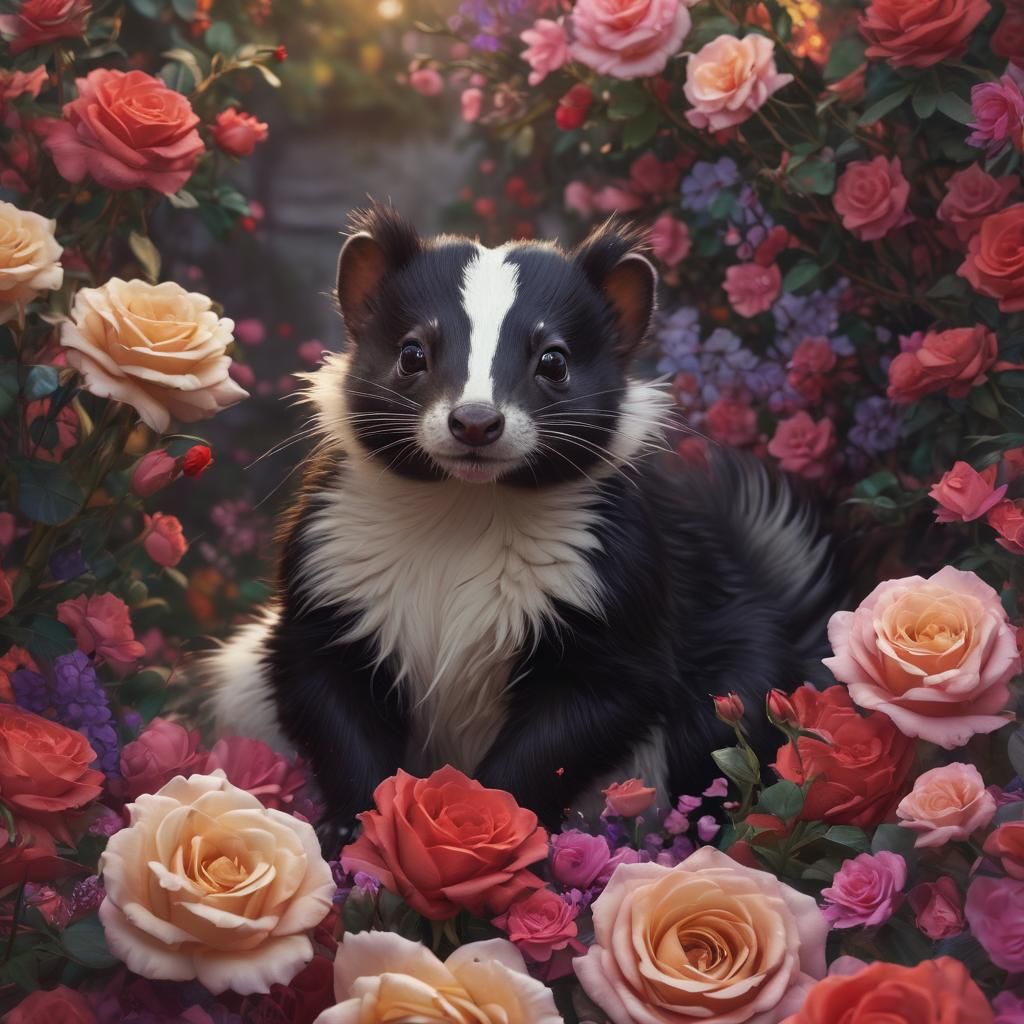 Surreal Skunk Basks in Vibrant Rose Bouquet