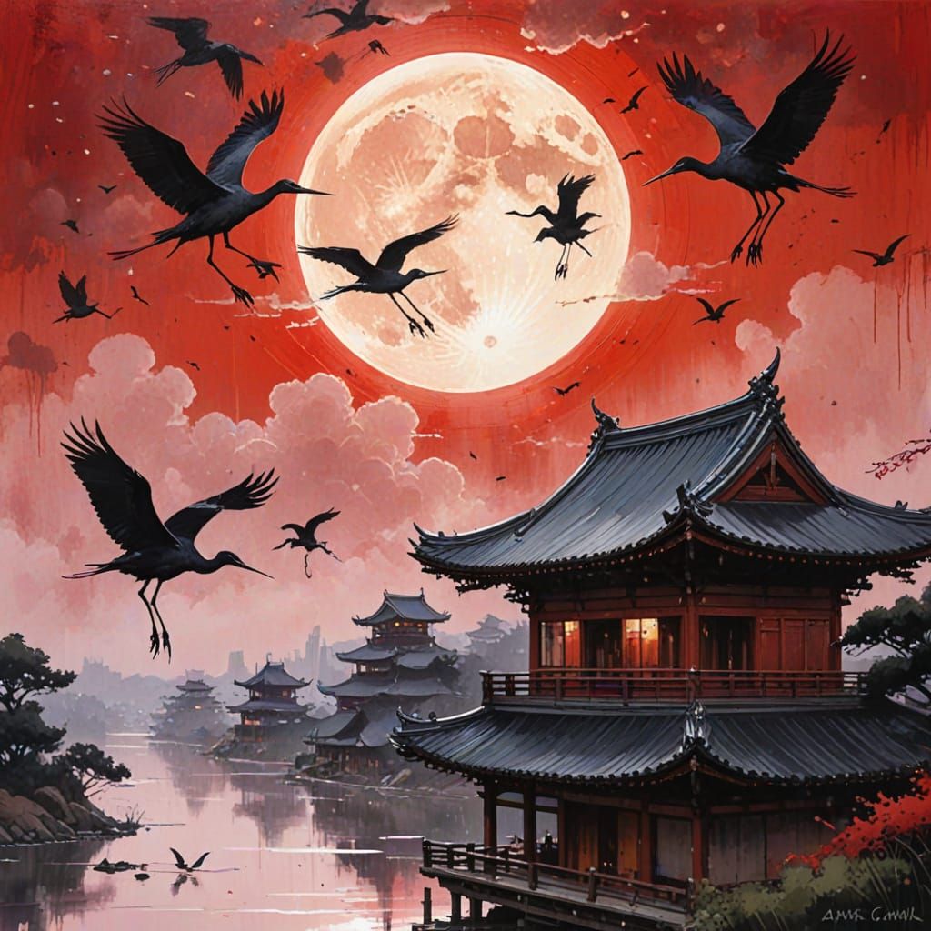 Fantasy Medieval Japanese Mansion Silhouetted Against Crimso...