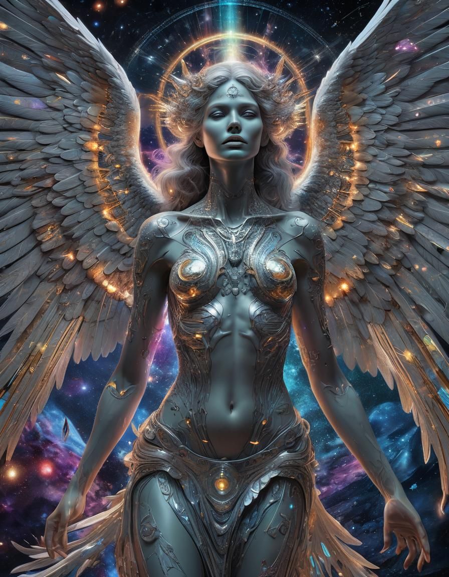 Holographic Cosmic Angel Illustration in Mixed Media