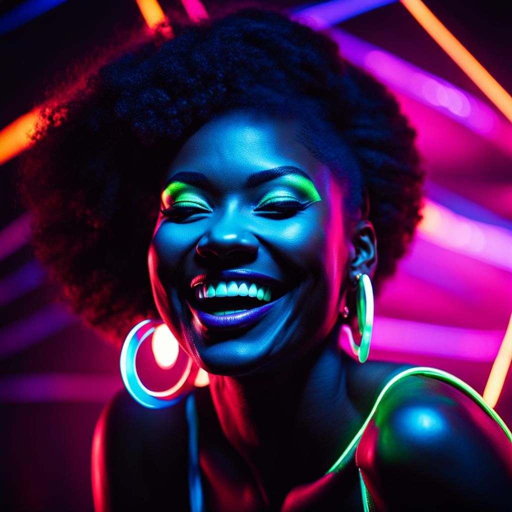 Neon Portrait of Dancing Woman in Black Light