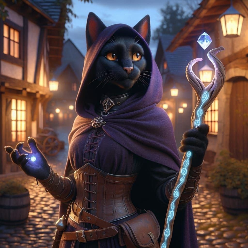 Catfolk Wizard Katerina with Glowing Staff in Fantasy Villag...