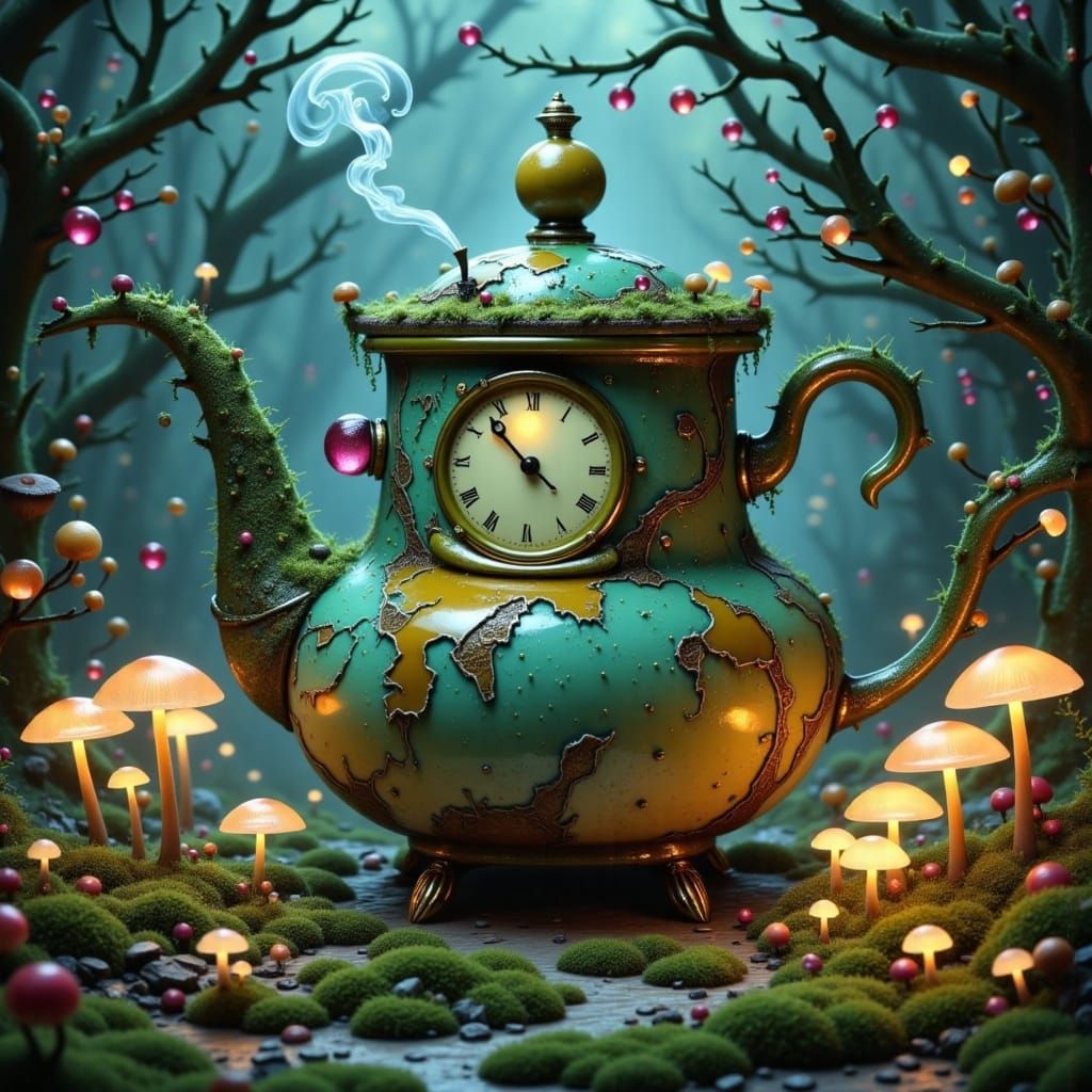 Sentient Teapot Over Whimsical Forest