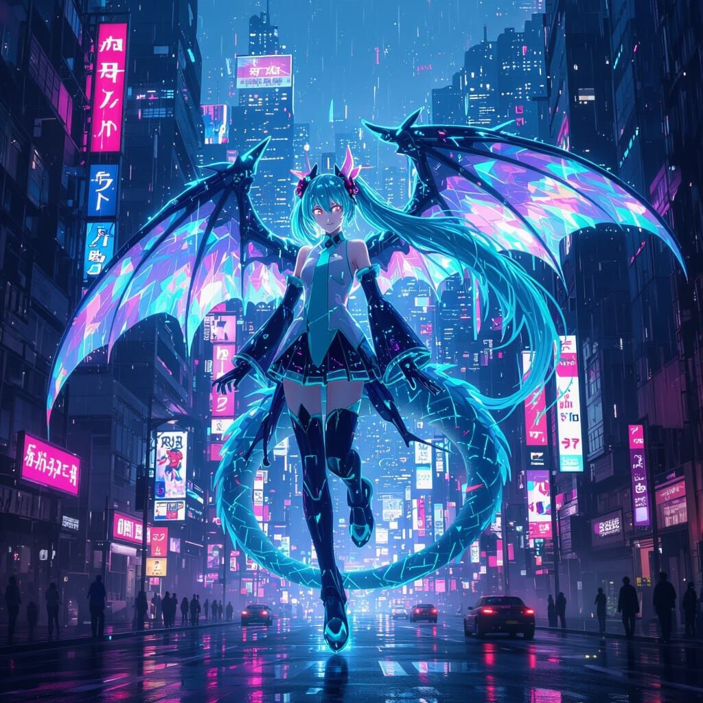 Hatsune Miku as Dragon in Cyberpunk Cityscape