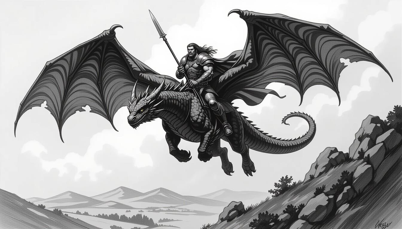 Barbarian Dragon Rider in Larry Elmore Pencil Style