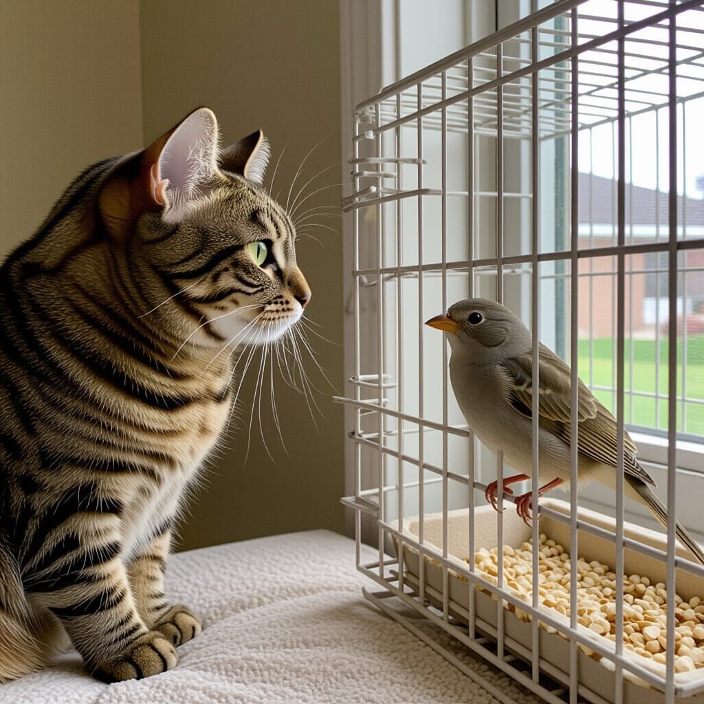 Cat Gazes at Caged Bird in Cozy Home