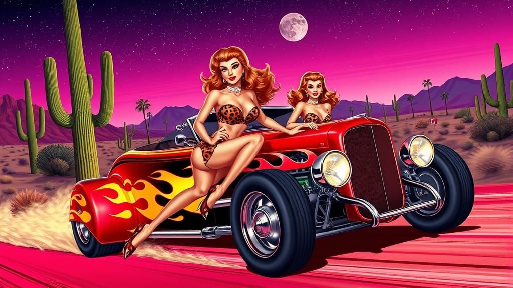 Neon Desert Pinup Girls Racing Vintage Hot Rods in a Dynamic...