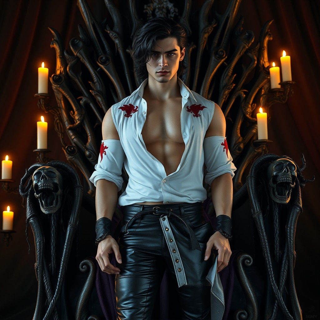 Gothic Man Near Bone Throne in Candlelight