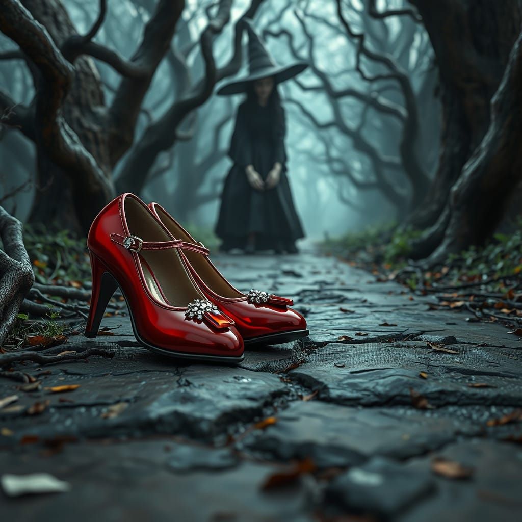 Hyper-Realistic Ruby Slippers on Mystical Path