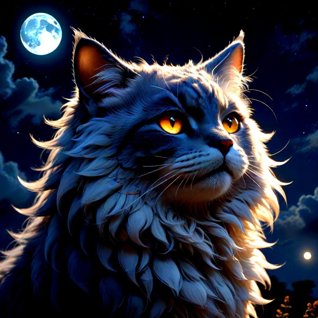 Majestic Grey Persian Cat with Emerald Eyes in the Moonlight