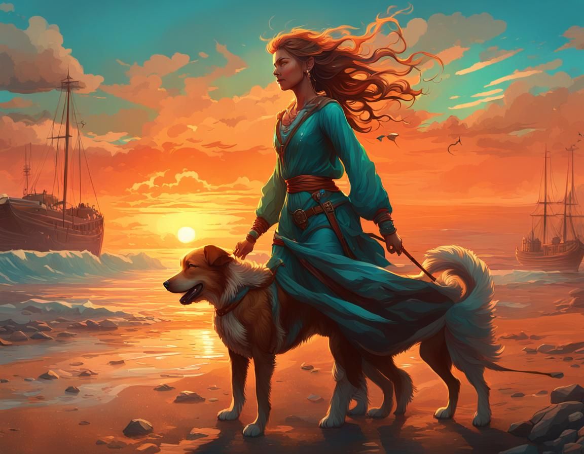 Romantic Sunset Scene with Woman and Dog