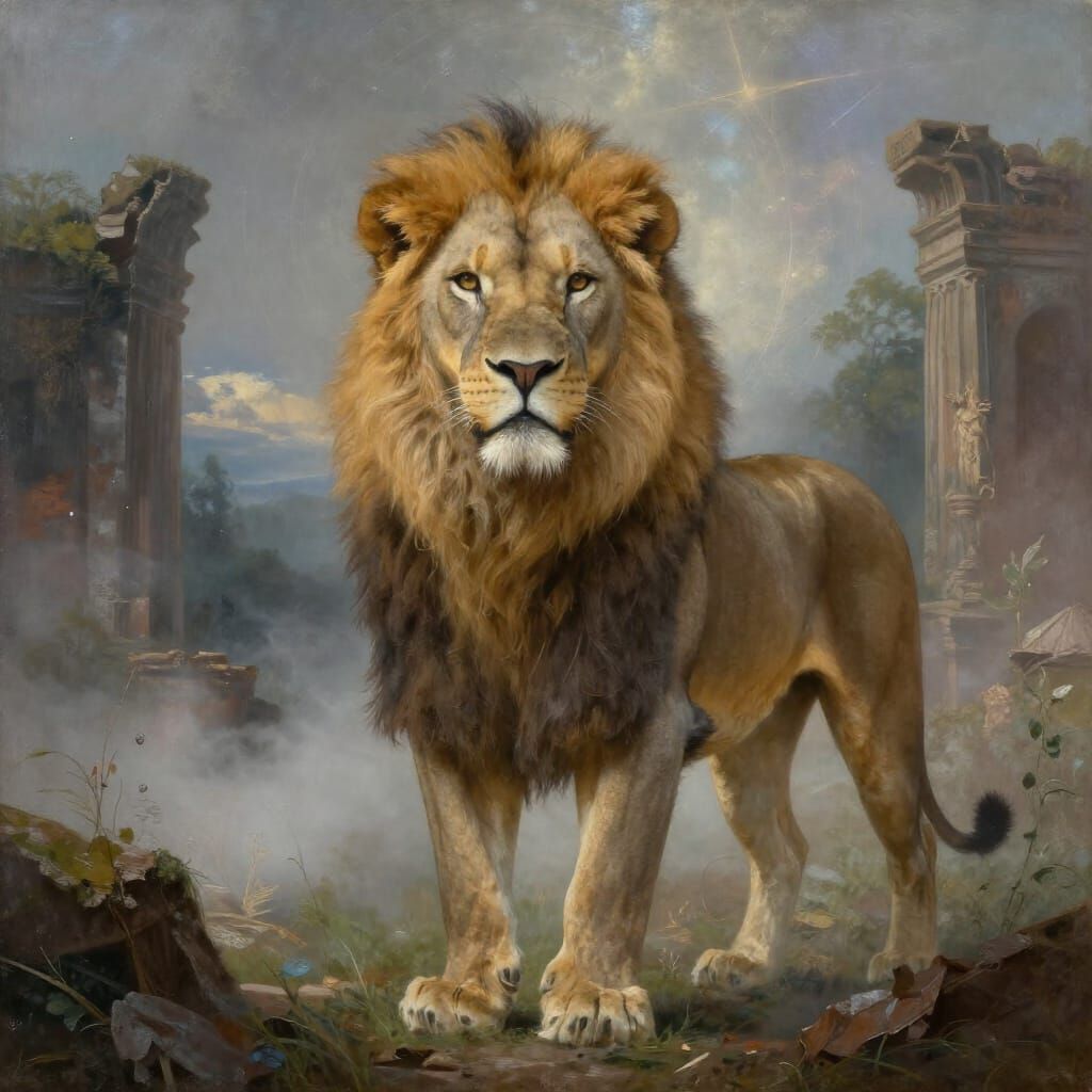 Majestic Lioness in Ethereal Ruins Oil Painting