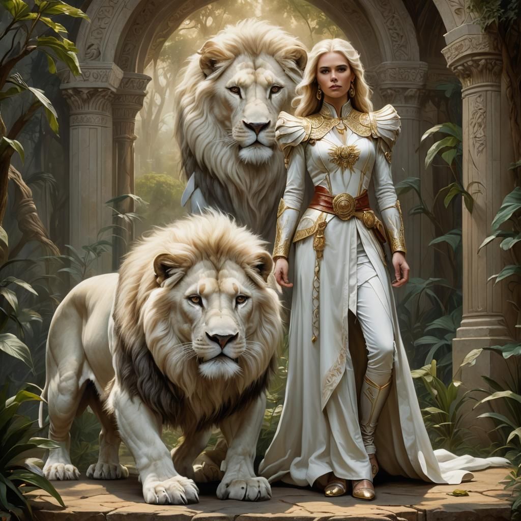 Woman and White Lion in Elegant Fantasy Art