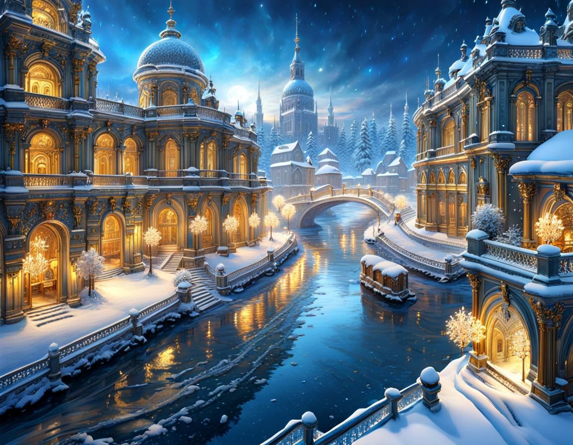 Snowy City River in Rococo Style