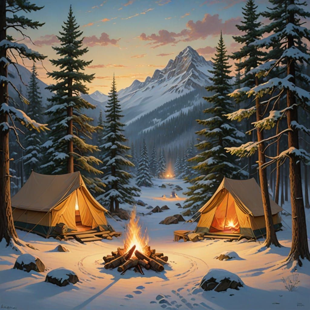 Golden Twilight Winter Campsite in Serene Landscape
