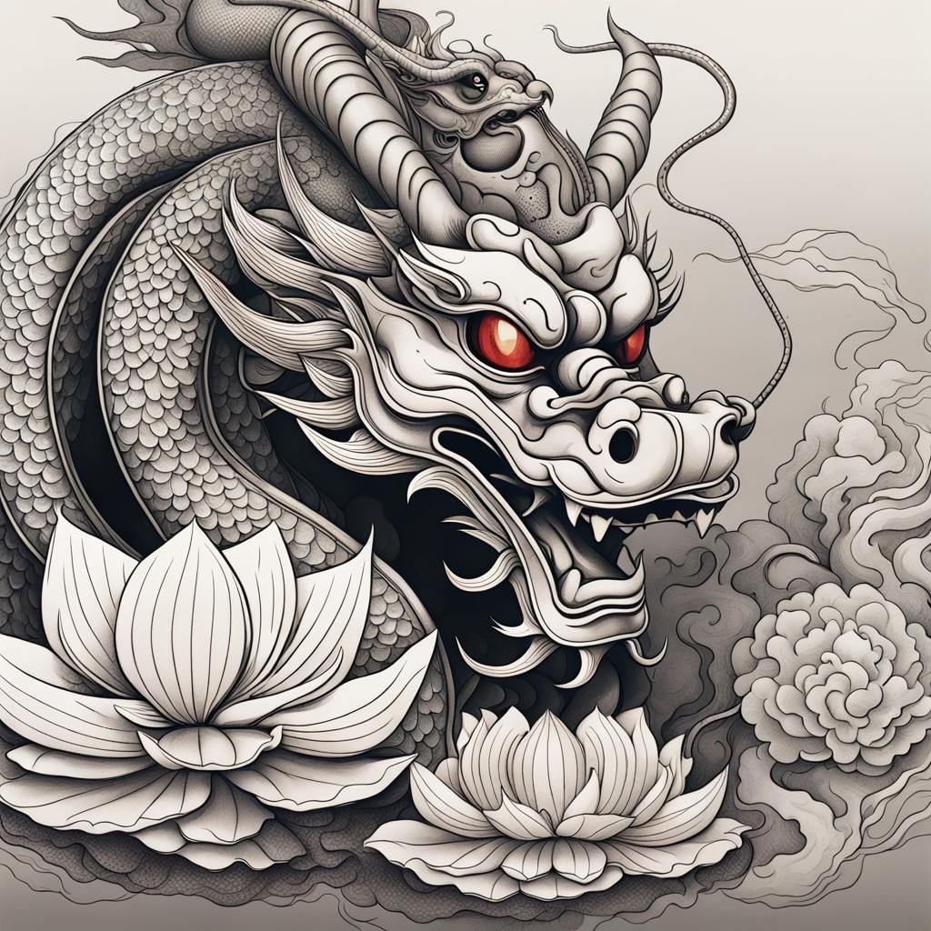 Chinese Dragon with Lotus Flower in 3D Line-Art