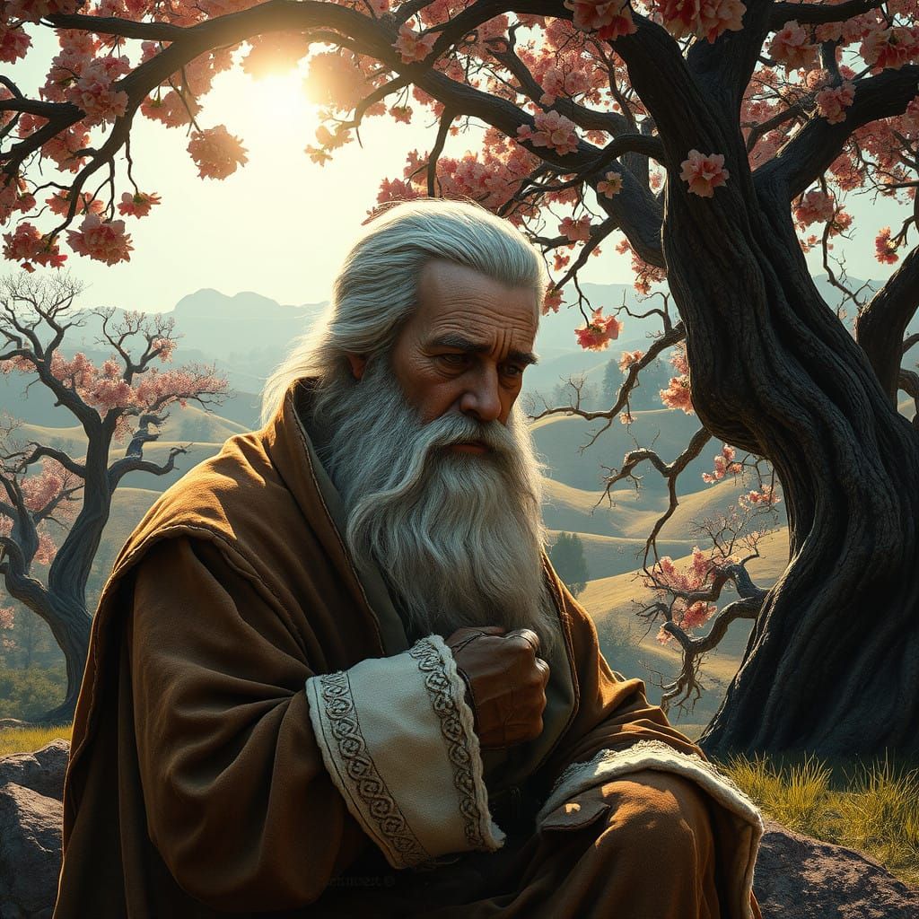 Sorrowful Medieval Santa Claus in a Vibrant Sunlit Landscape