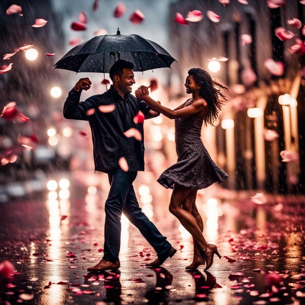 Romantic Couple Dancing in Rainy Cityscape