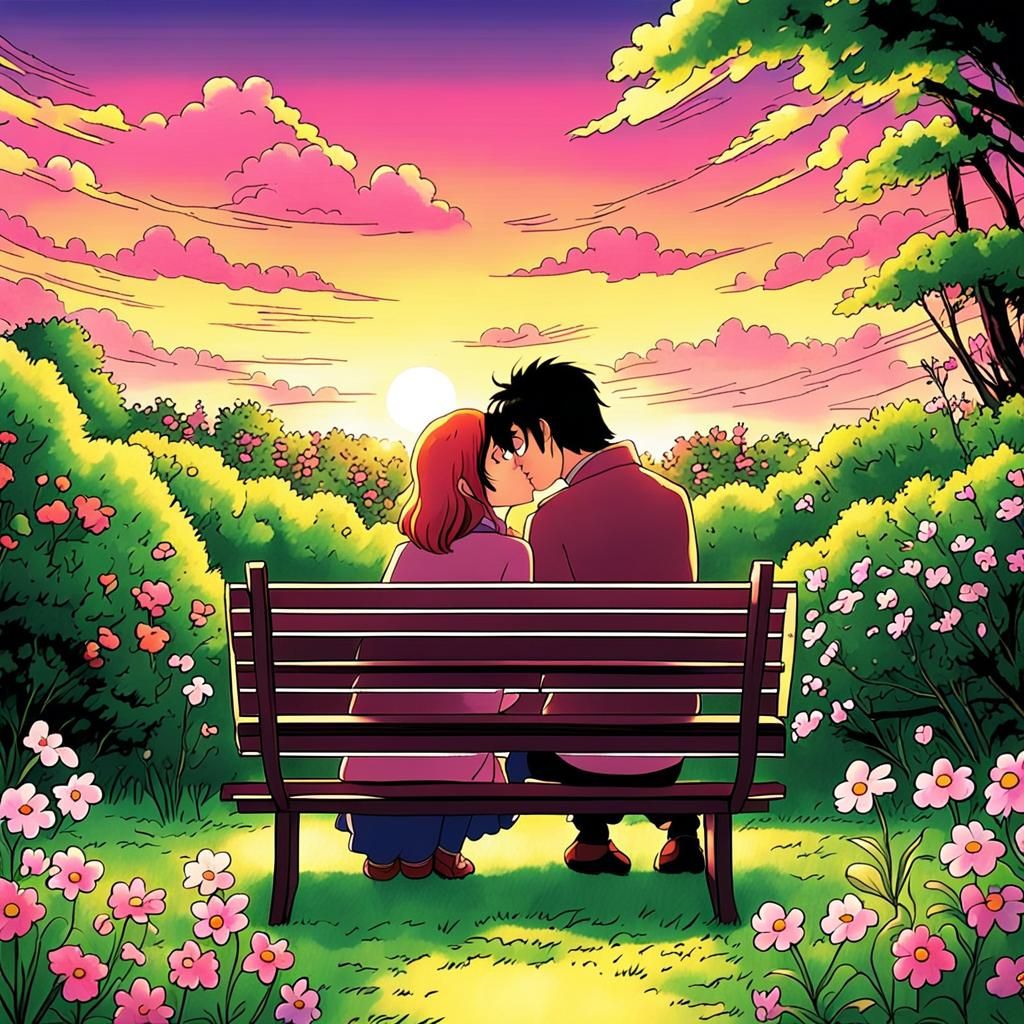 Romantic Kiss in Anime Garden at Twilight