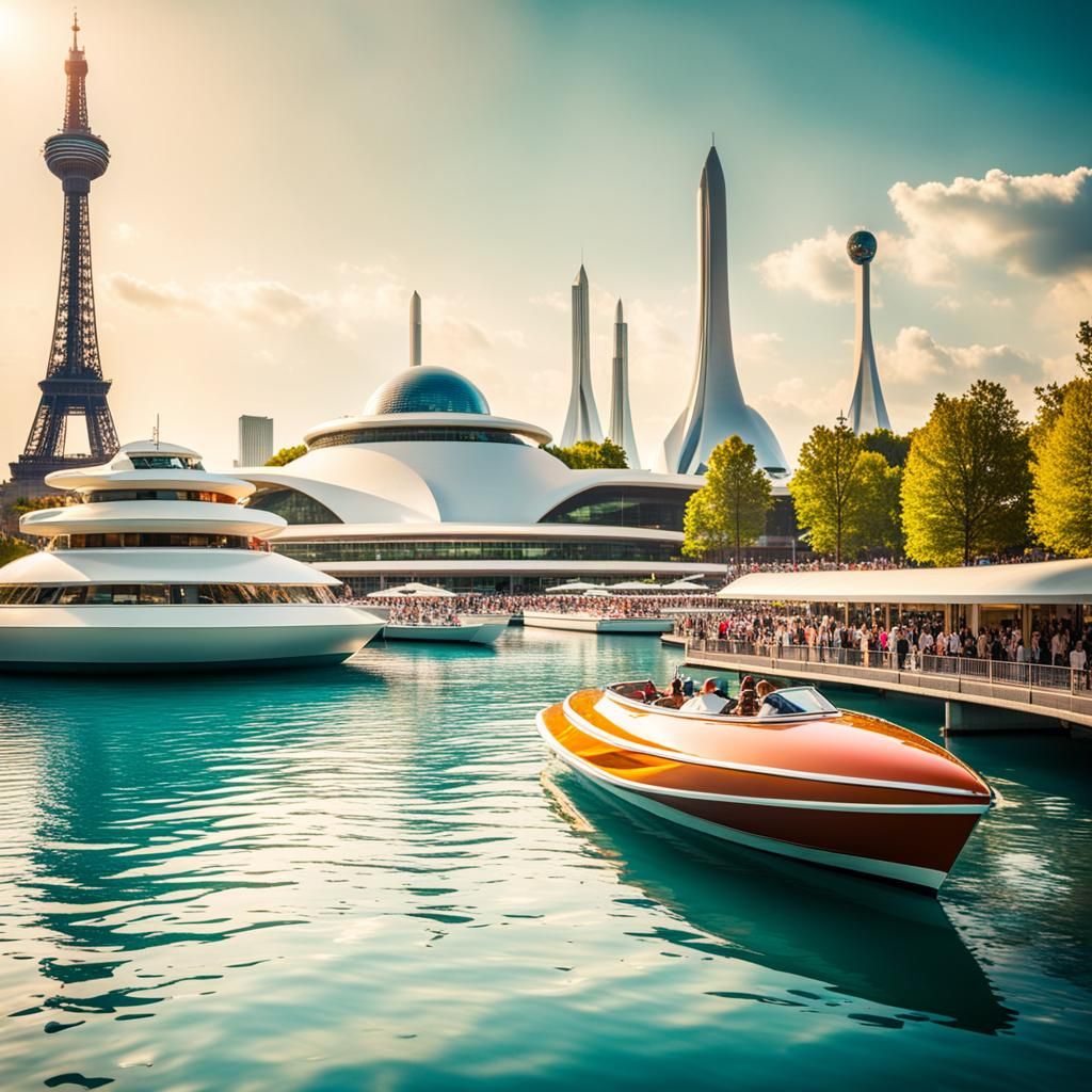 Retro-Futuristic World's Fair with Boat Ride