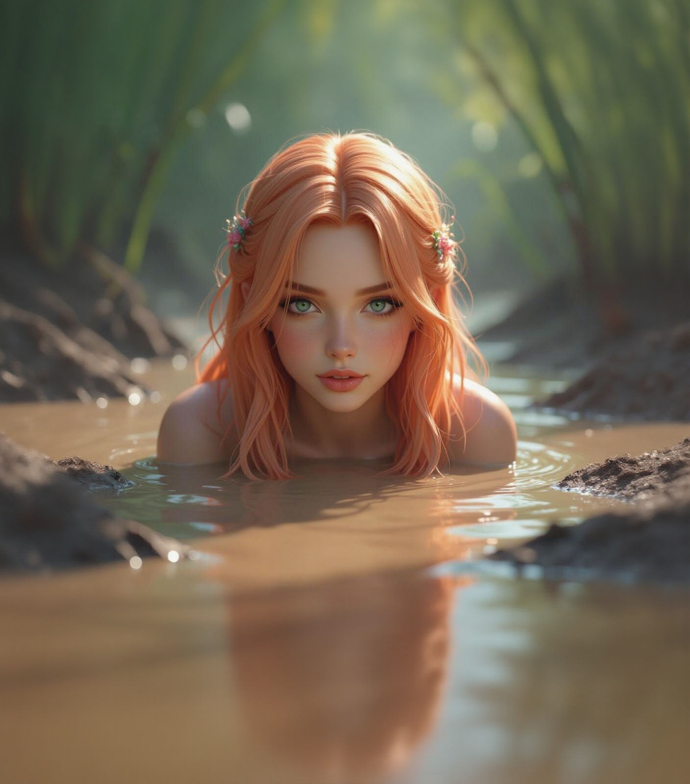 Peach Haired Girl Sinking in Mud: Fantasy Concept Art