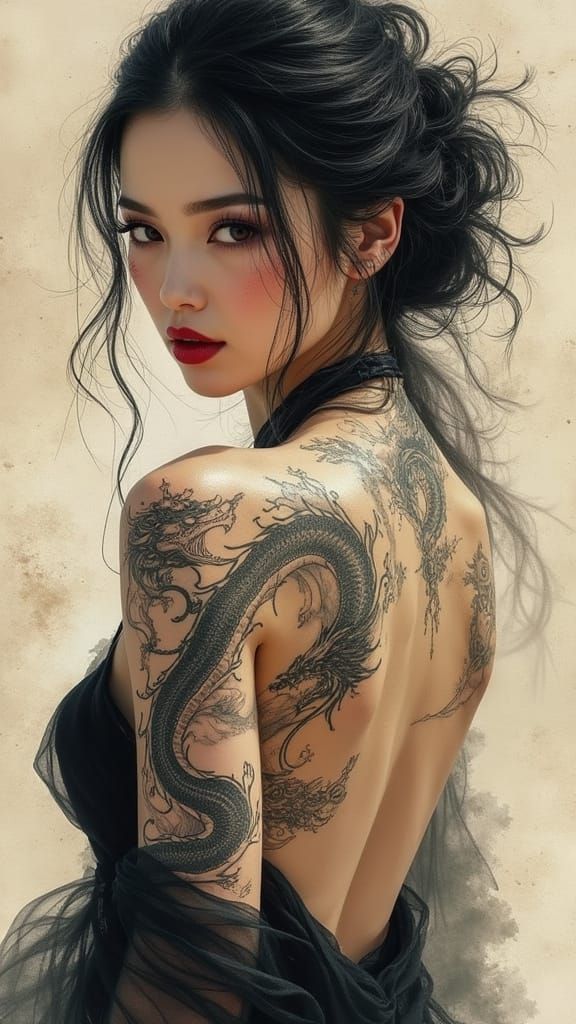 Elegant Woman with Dragon Tattoo in Ink-Wash Style