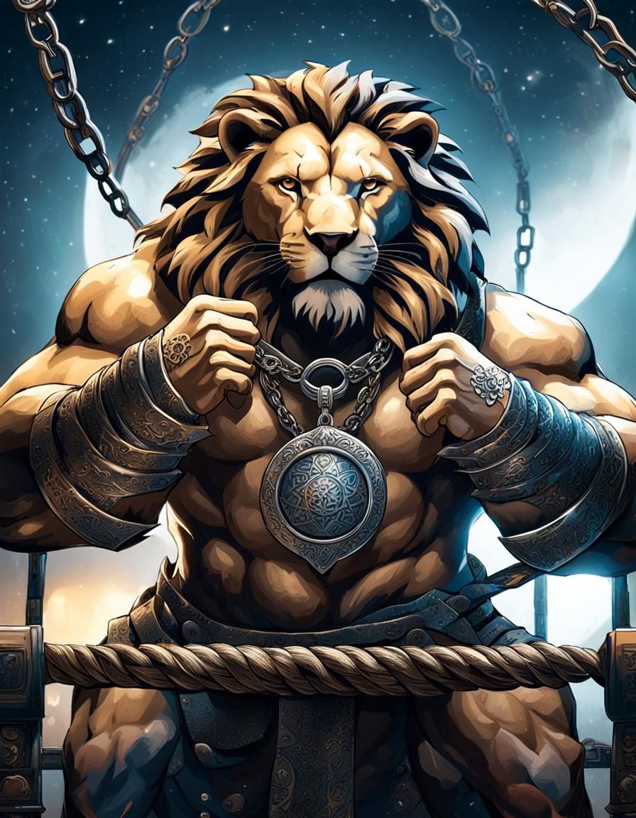 Moonlit Lion Cage Fighter Ready for Battle