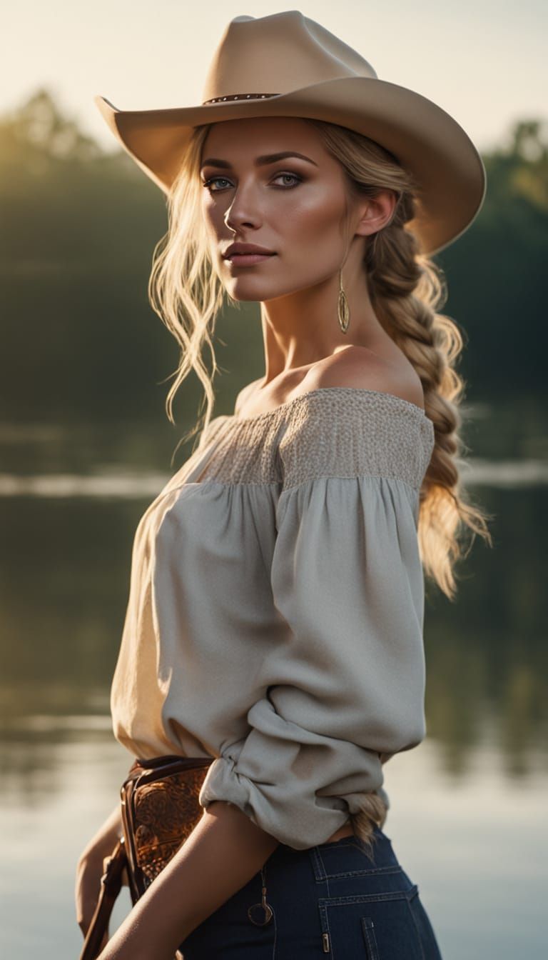 Cowgirl by Water in Golden Light