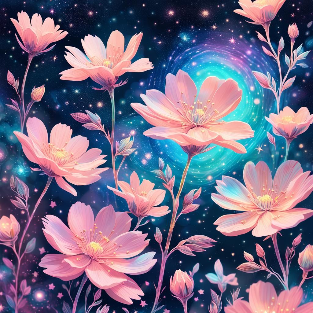 Pink Flowers Bloom in Starry Cosmic Illustration