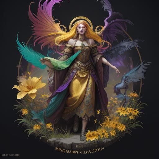 Fantasy Woman Portrait with Dragon Peacock, Oil Painting