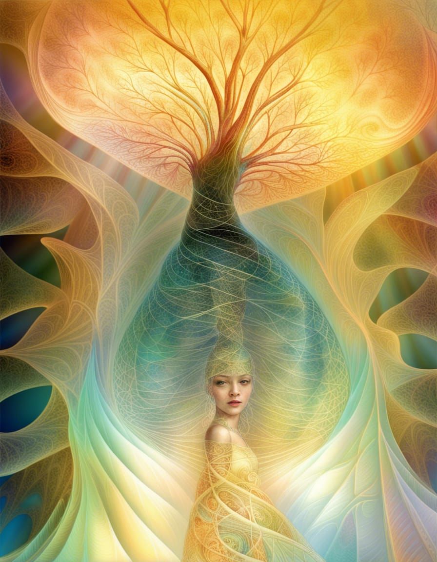 Crystal Fractal Forest Girl in Suminagashi Style