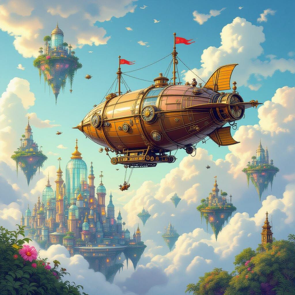 Steampunk Airship Over Glass City, Fantastical Children's Bo...