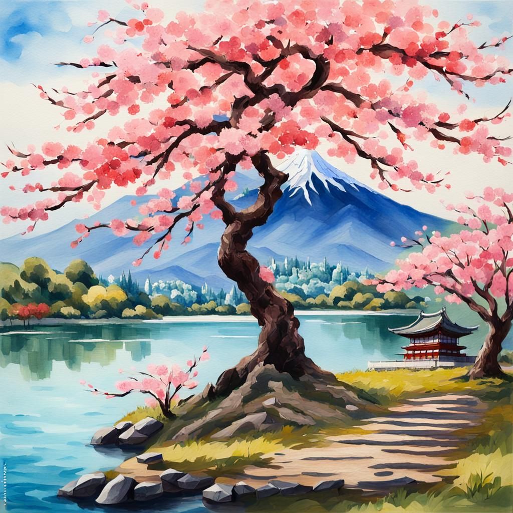 Sakura Tree by Lake: Gouache Impressionist Masterpiece